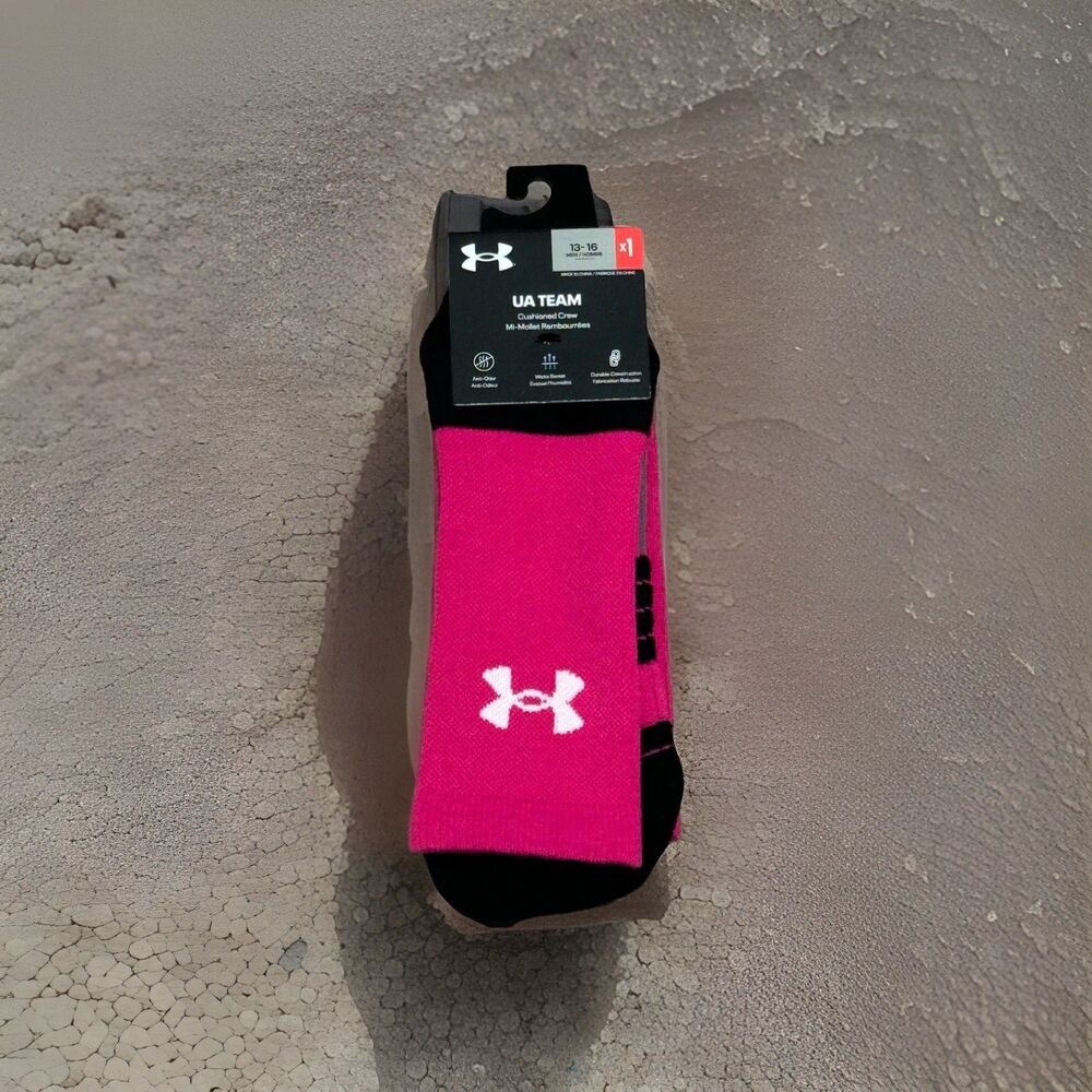 Under Armour Team Cushioned Crew Socks Mens Size 13-16 Tropic Pink 1 Pair UA NEW